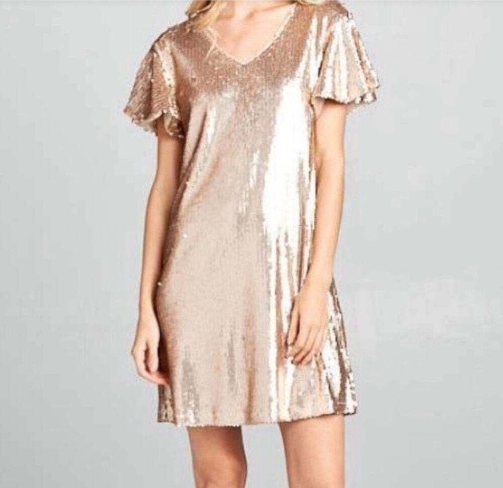 Ellison Rose Gold Pink Sequin Shift Dress Size Small